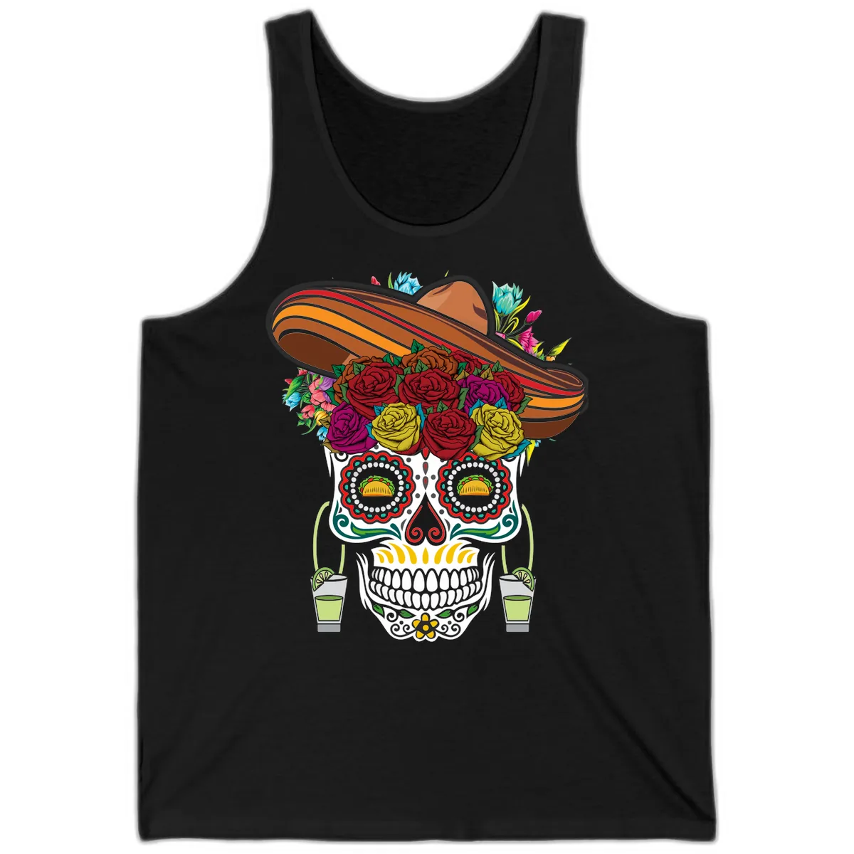 Fiesta Calavera Skull With Sombrero & Tacos Tank in Black