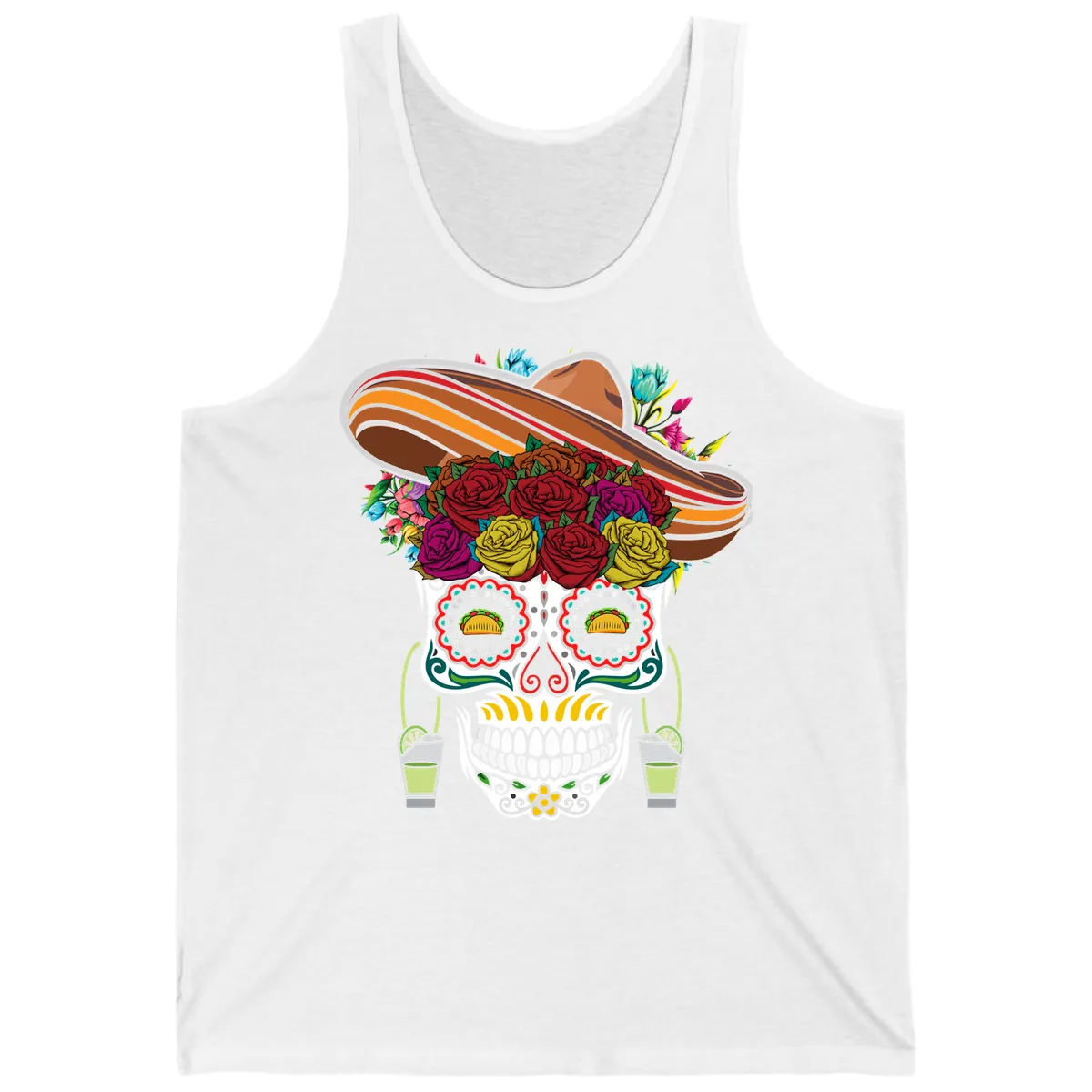 Fiesta Calavera Skull With Sombrero & Tacos Tank in White