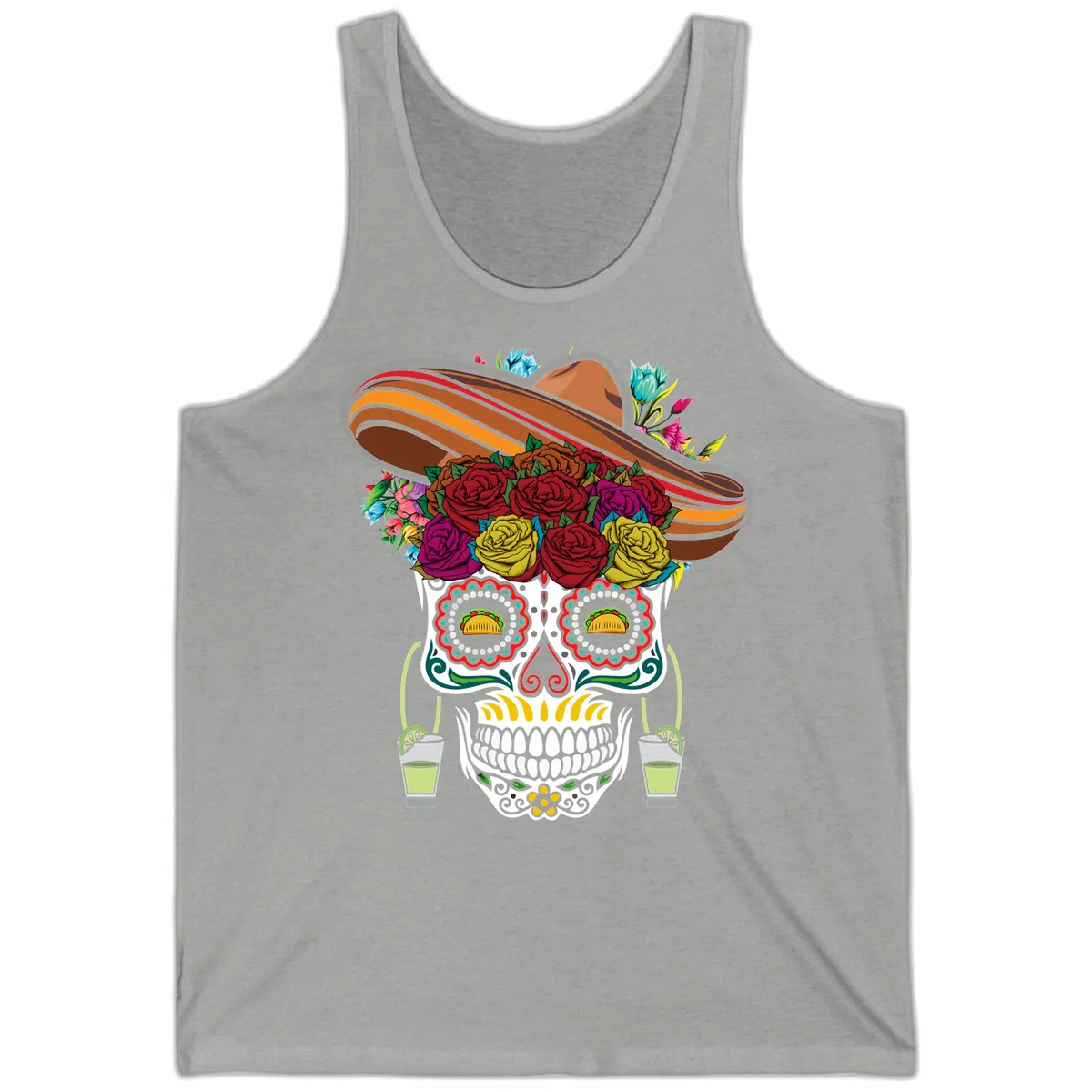 Fiesta Calavera Skull With Sombrero & Tacos Tank in Athletic Heather