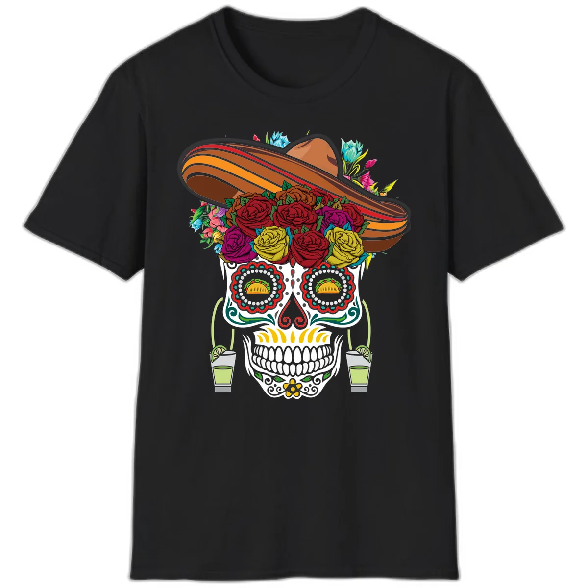 Fiesta Calavera Skull With Sombrero & Tacos T-Shirt in Black