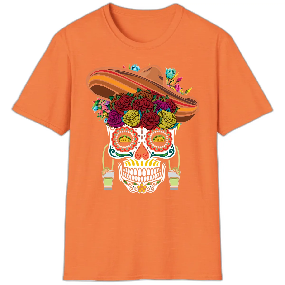 Fiesta Calavera Skull With Sombrero & Tacos T-Shirt in Heather Orange