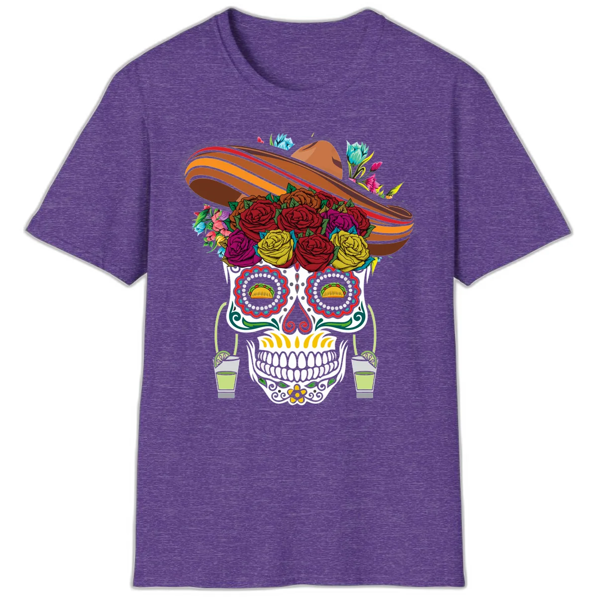Fiesta Calavera Skull With Sombrero & Tacos T-Shirt in Heather Purple