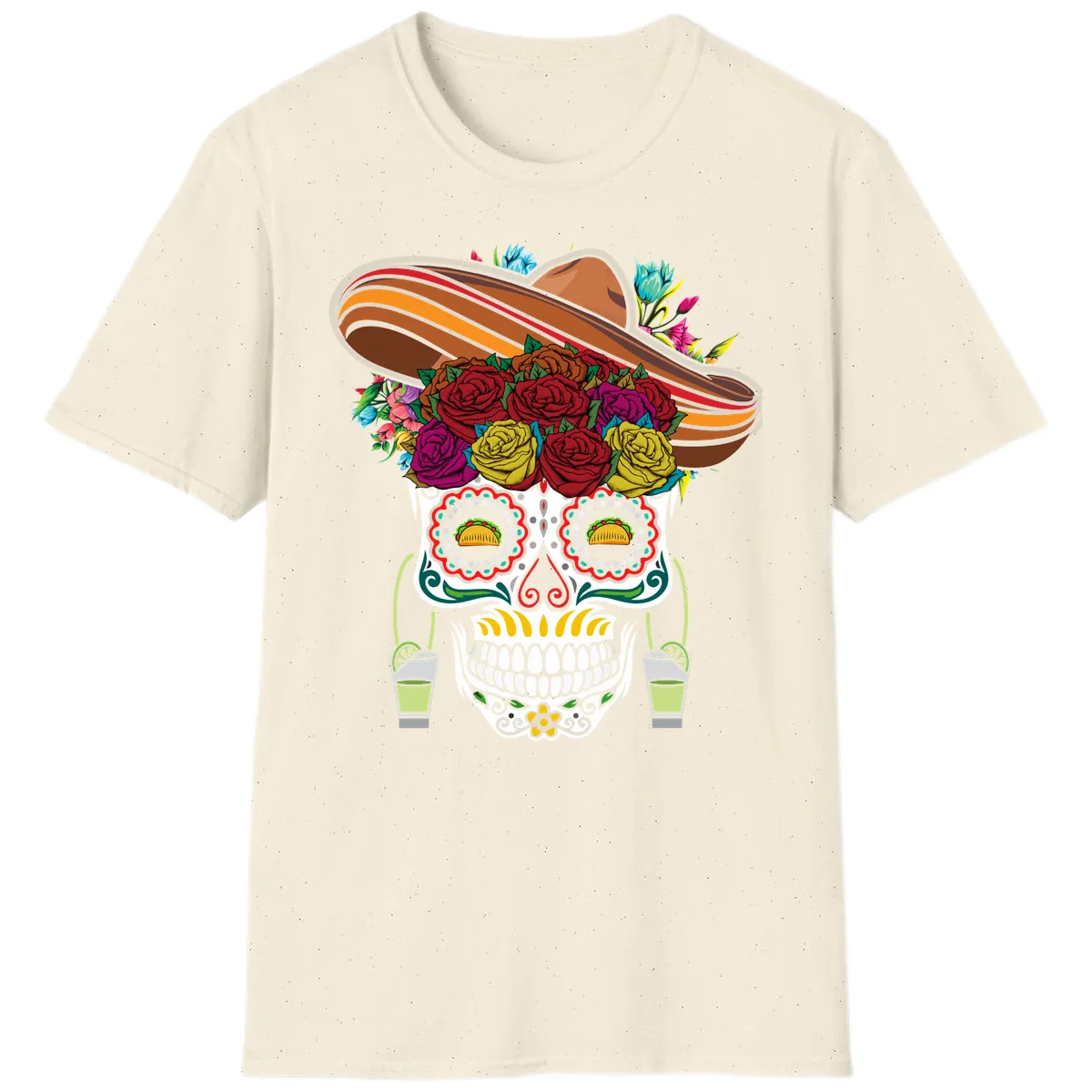 Fiesta Calavera Skull With Sombrero & Tacos T-Shirt in Natural