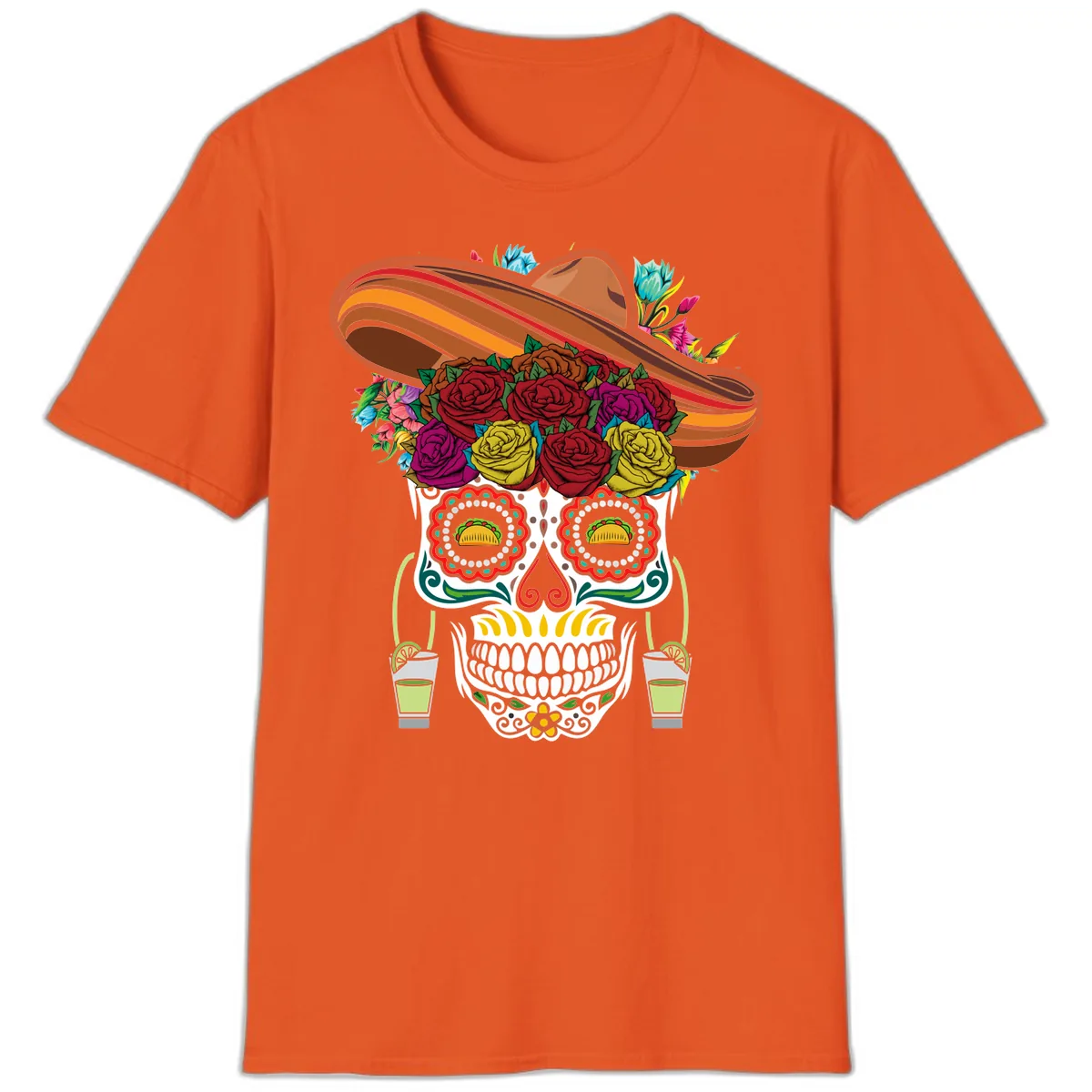 Fiesta Calavera Skull With Sombrero & Tacos T-Shirt in Orange