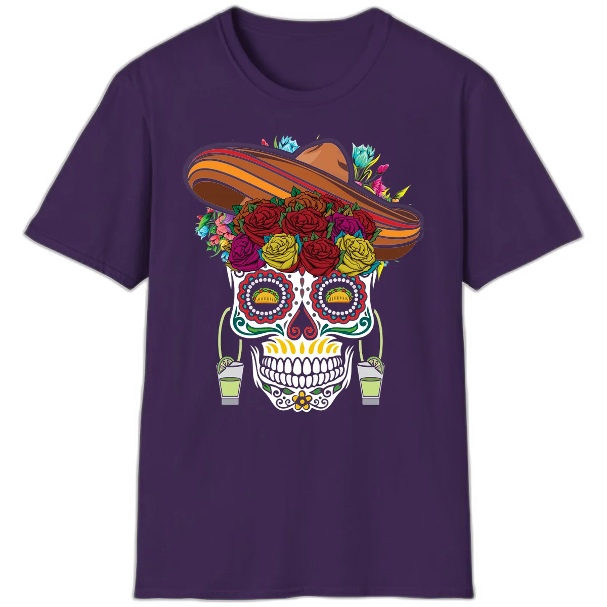 Fiesta Calavera Skull With Sombrero & Tacos T-Shirt in Purple