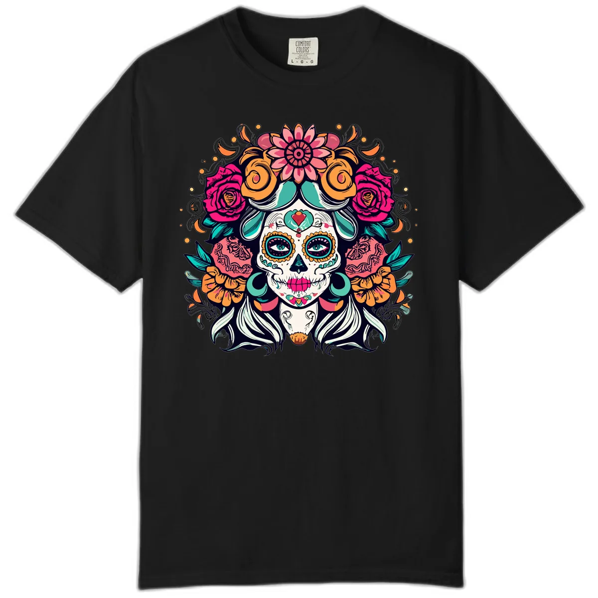 Floral Crown Sugar Skull Calavera Portrait Comfort Color in Black