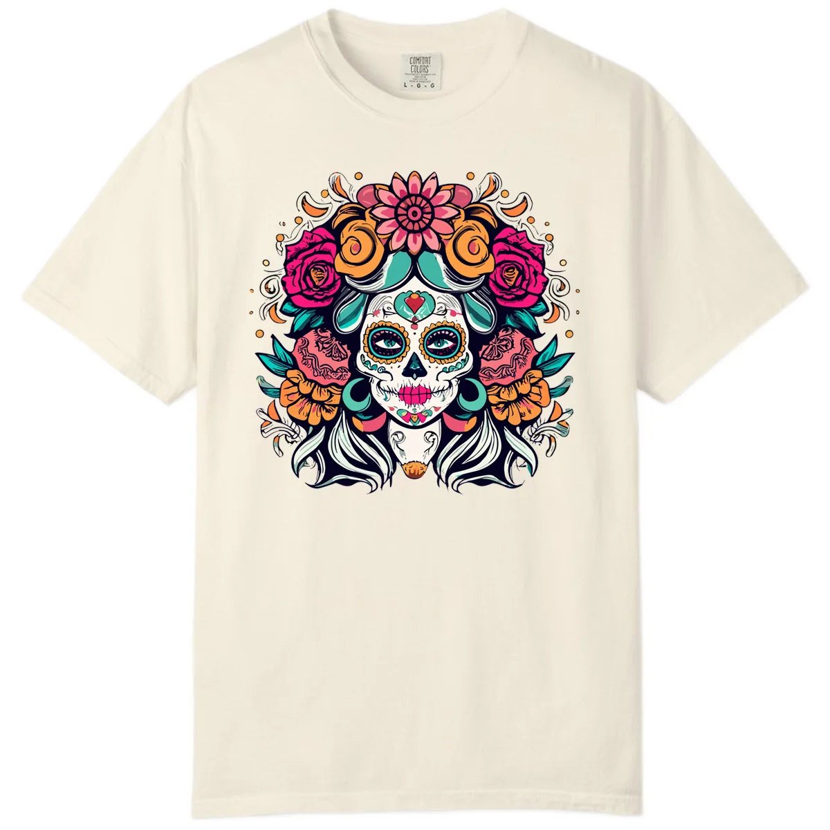 Floral Crown Sugar Skull Calavera Portrait Comfort Color in Ivory