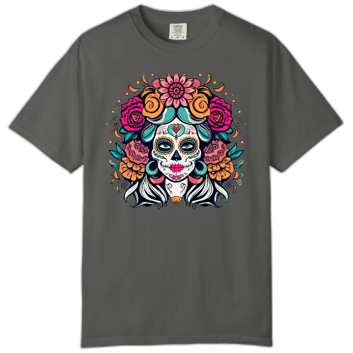Floral Crown Sugar Skull Calavera Portrait Comfort Color in Pepper