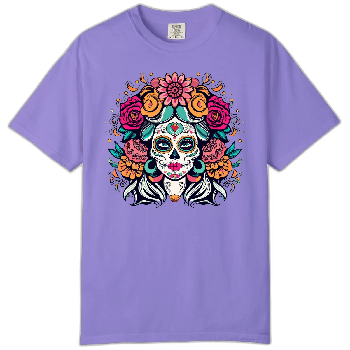 Floral Crown Sugar Skull Calavera Portrait Comfort Color in Violet