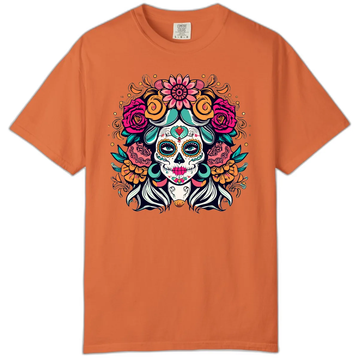 Floral Crown Sugar Skull Calavera Portrait Comfort Color in Burnt Orange