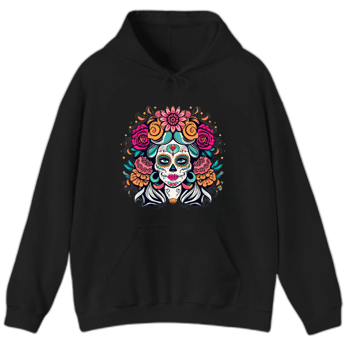 Floral Crown Sugar Skull Calavera Portrait Hoodie in Black