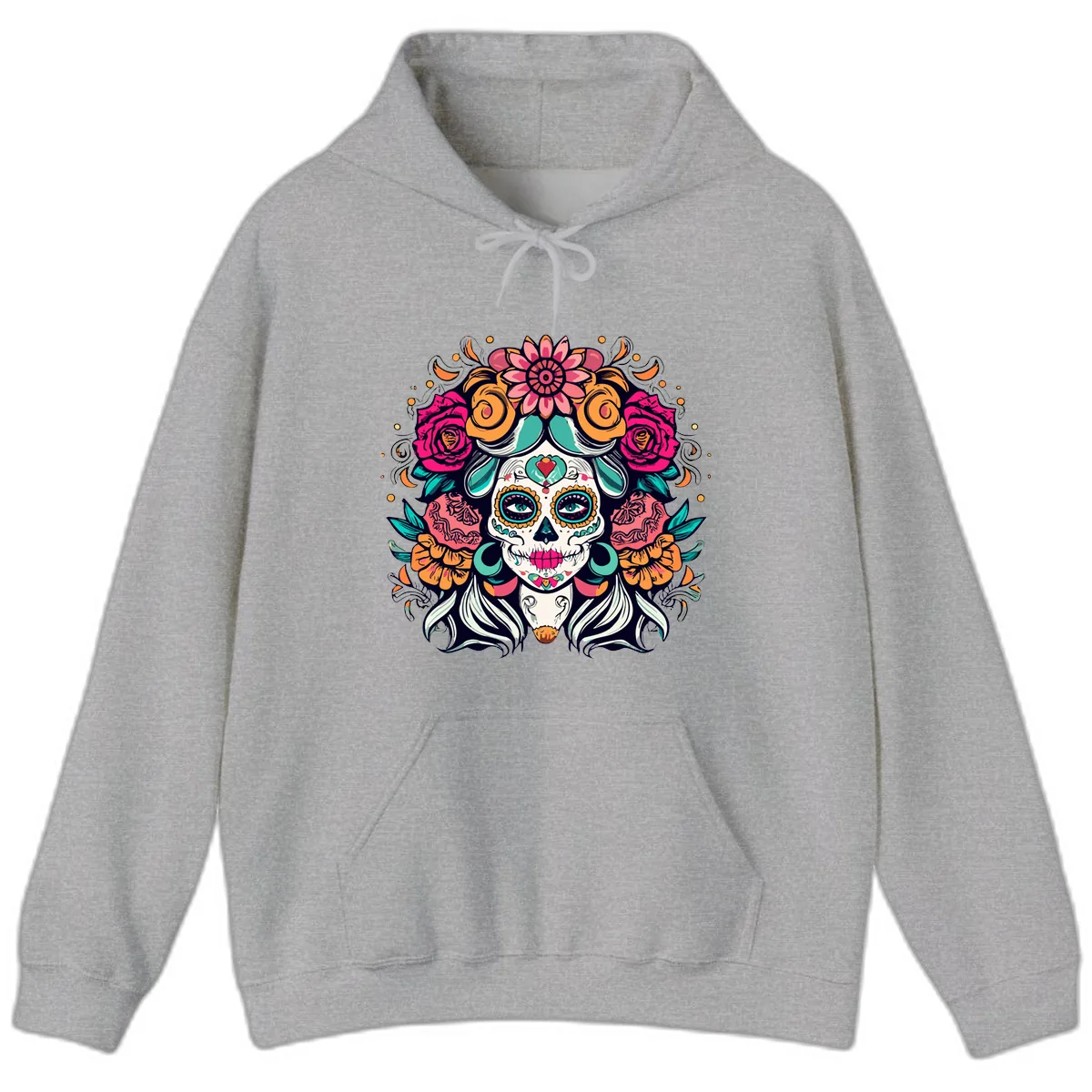Floral Crown Sugar Skull Calavera Portrait Hoodie in Sport Grey