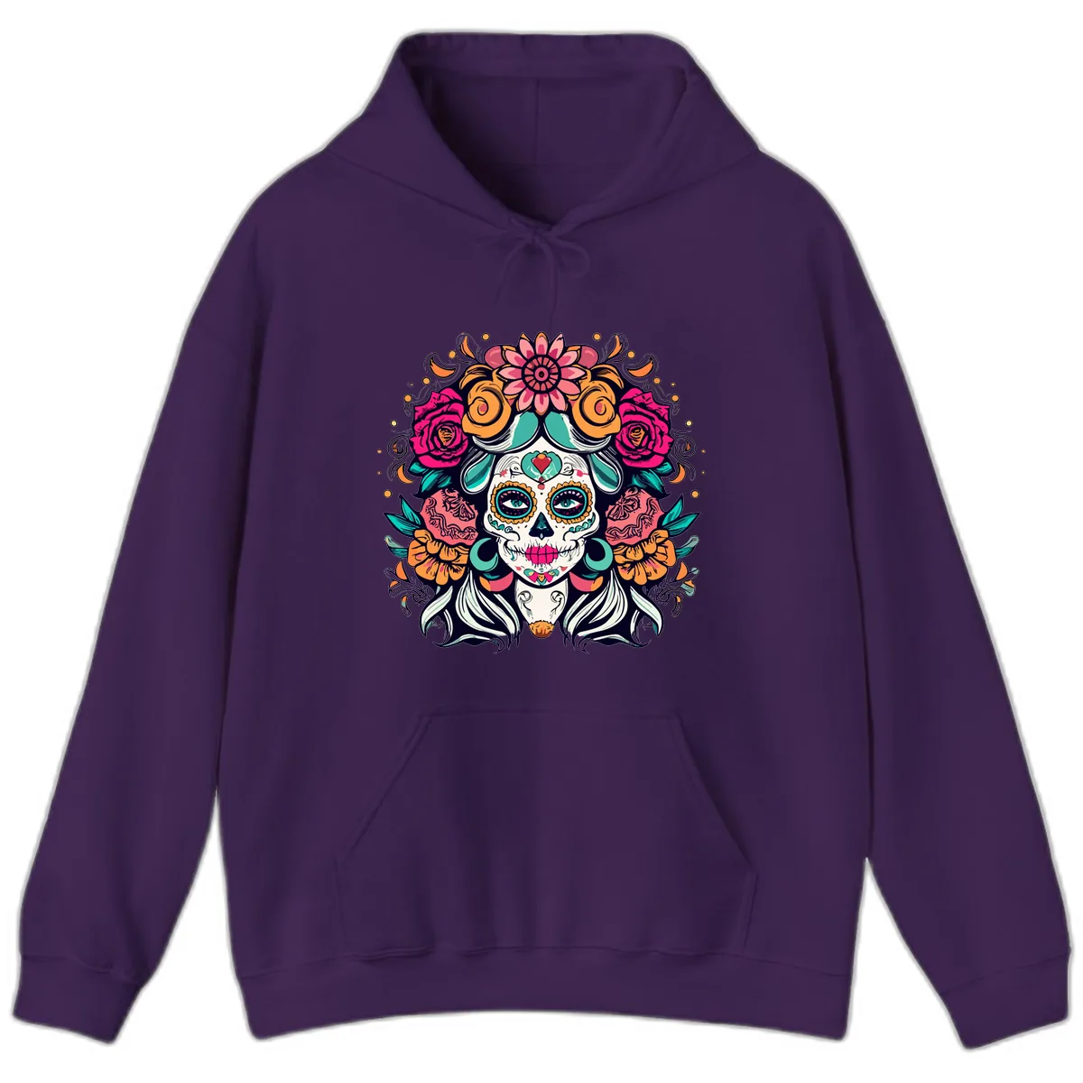 Floral Crown Sugar Skull Calavera Portrait Hoodie in Purple