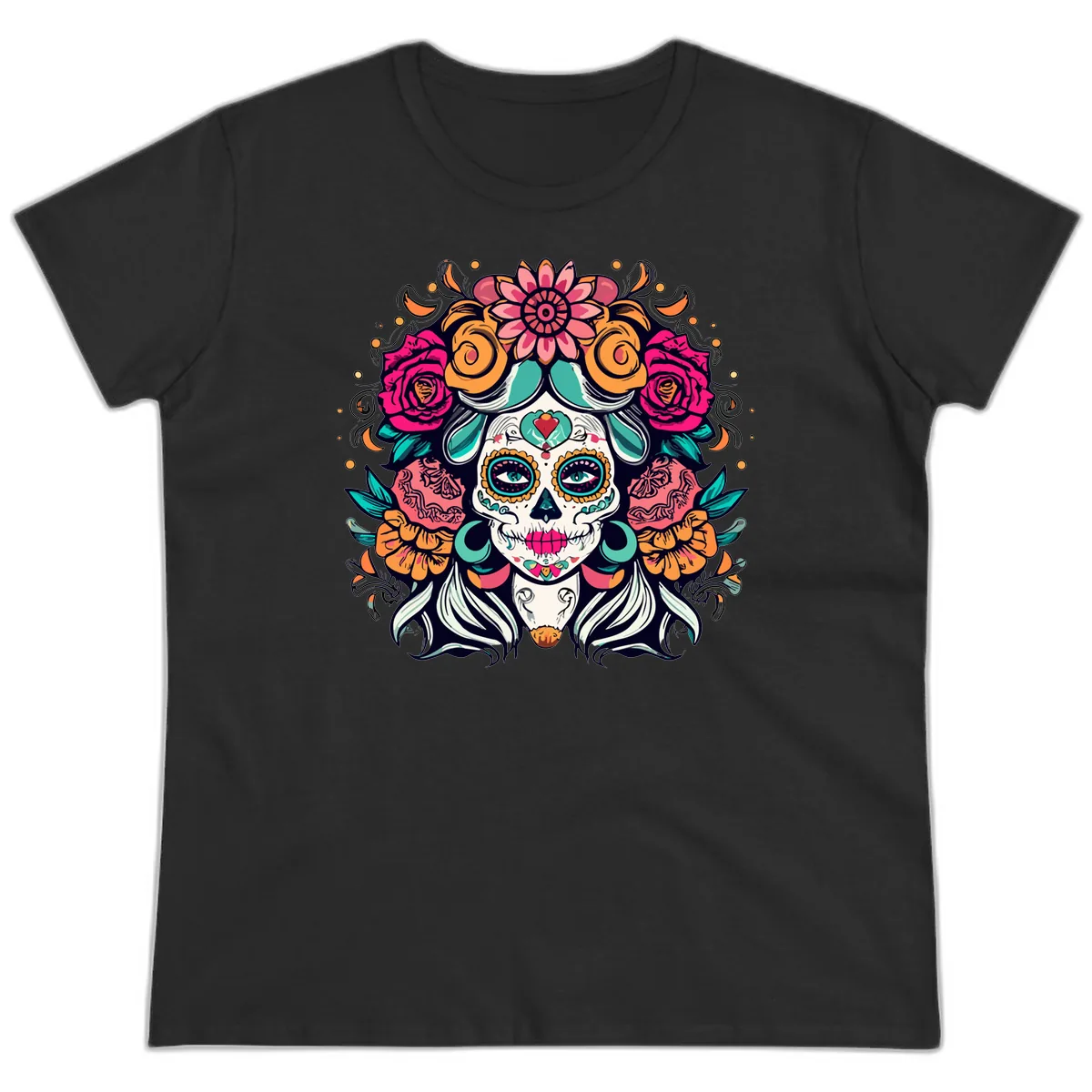 Floral Crown Sugar Skull Calavera Portrait Ladies Tee in Black