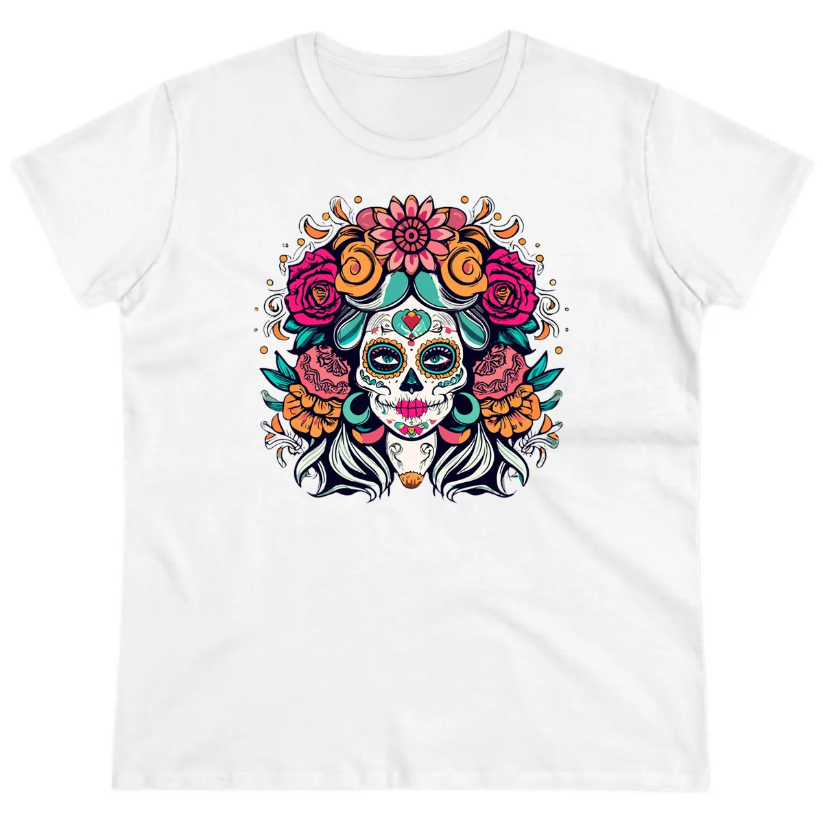 Floral Crown Sugar Skull Calavera Portrait Ladies Tee in White