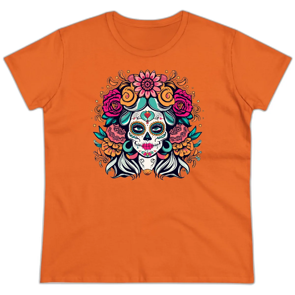 Floral Crown Sugar Skull Calavera Portrait Ladies Tee in Orange