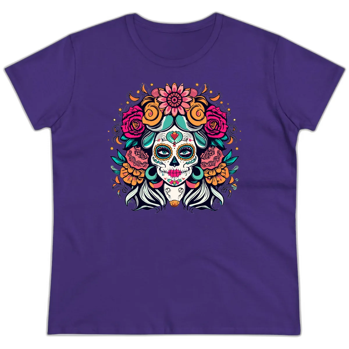 Floral Crown Sugar Skull Calavera Portrait Ladies Tee in Purple