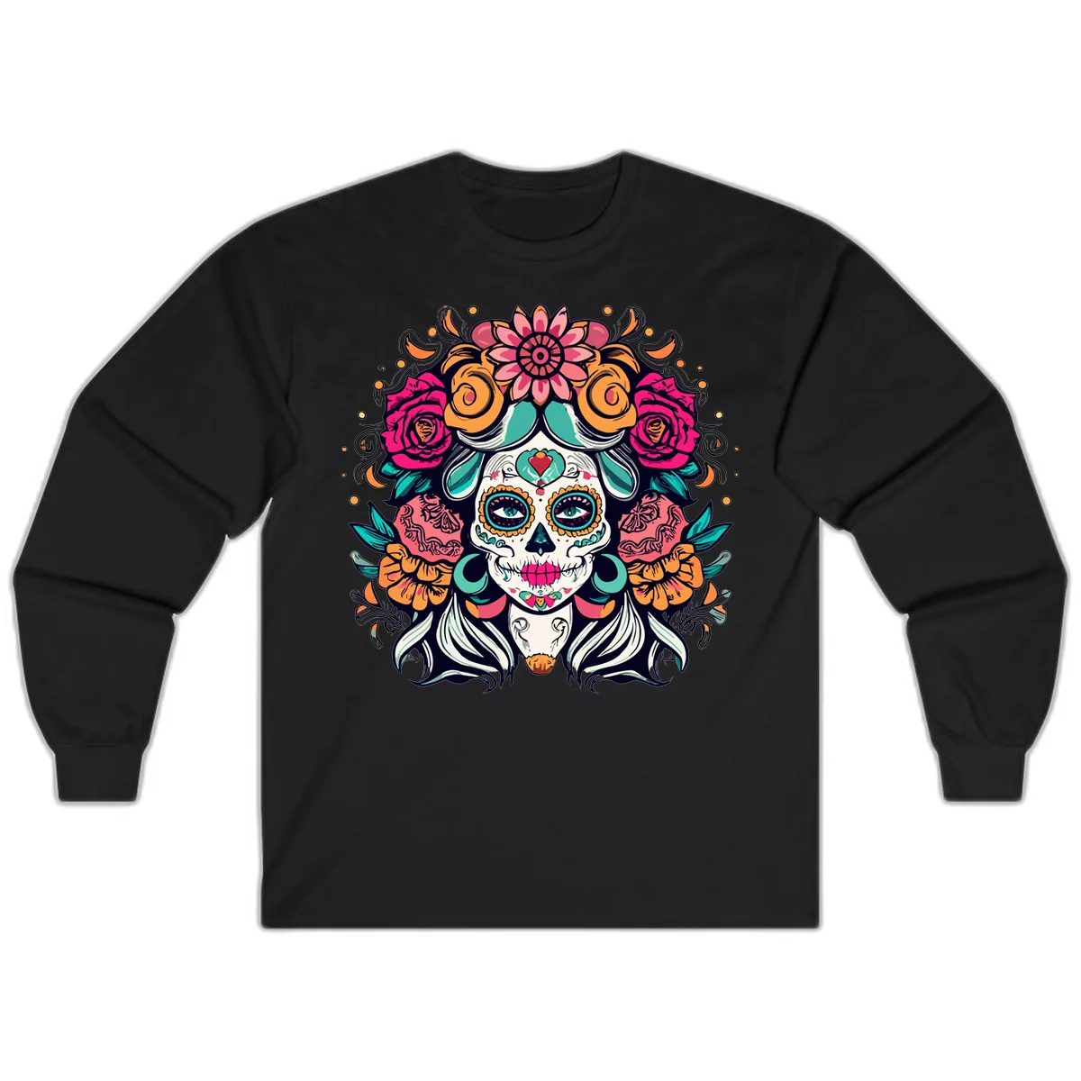 Floral Crown Sugar Skull Calavera Portrait Long Sleeve in Black