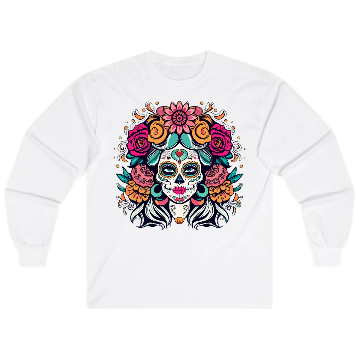Floral Crown Sugar Skull Calavera Portrait Long Sleeve in White