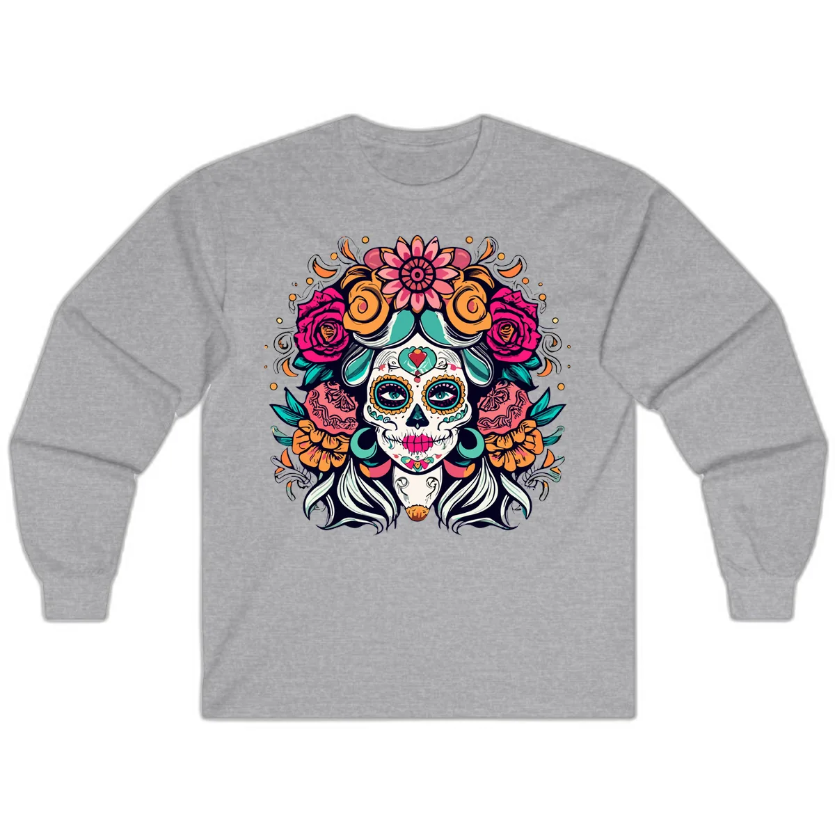Floral Crown Sugar Skull Calavera Portrait Long Sleeve in Sport Grey