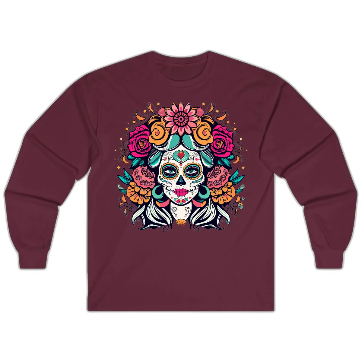 Floral Crown Sugar Skull Calavera Portrait Long Sleeve in Maroon