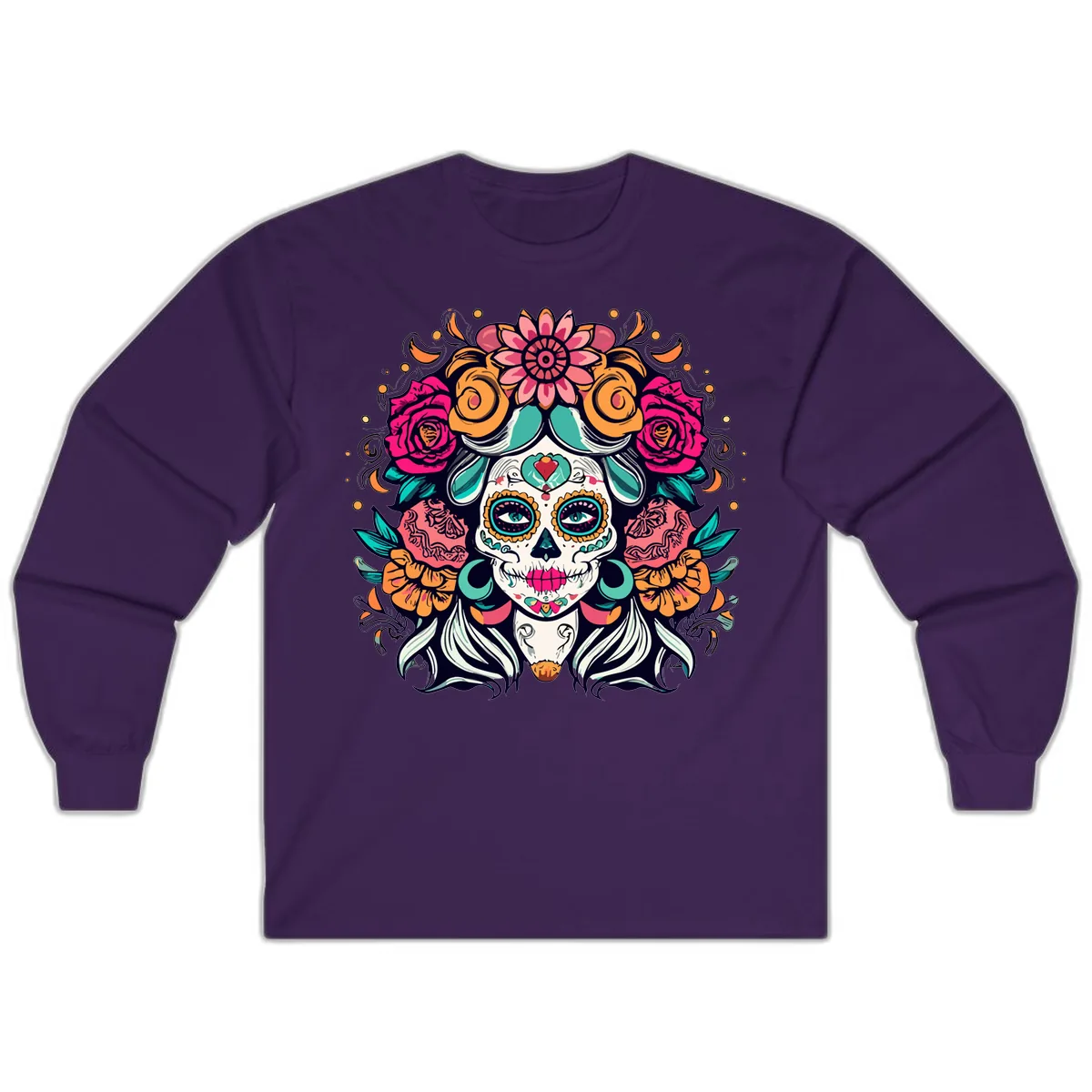 Floral Crown Sugar Skull Calavera Portrait Long Sleeve in Purple