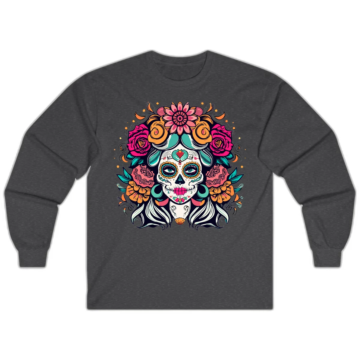 Floral Crown Sugar Skull Calavera Portrait Long Sleeve in Dark Heather