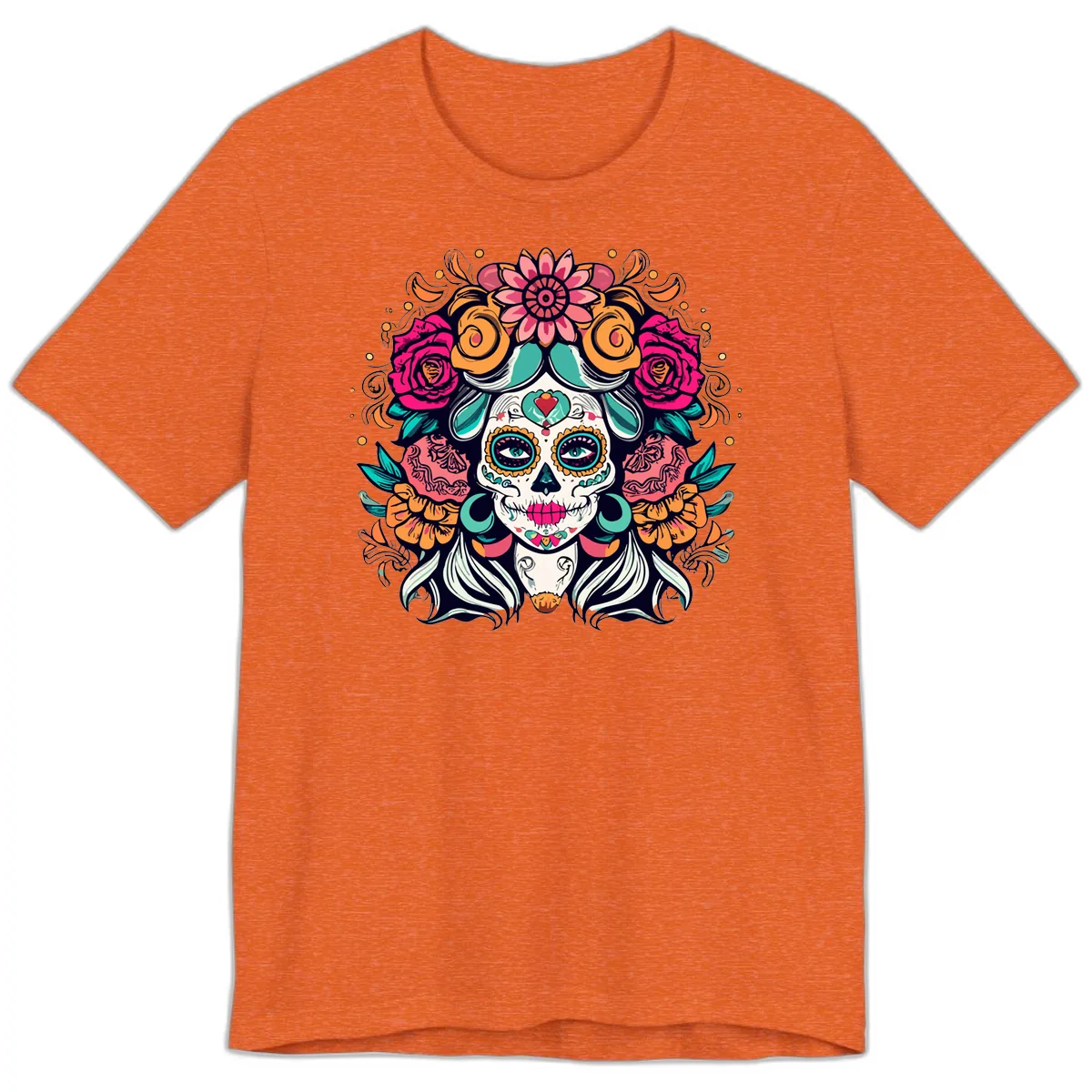 Floral Crown Sugar Skull Calavera Portrait Premium T-Shirt in Heather Orange