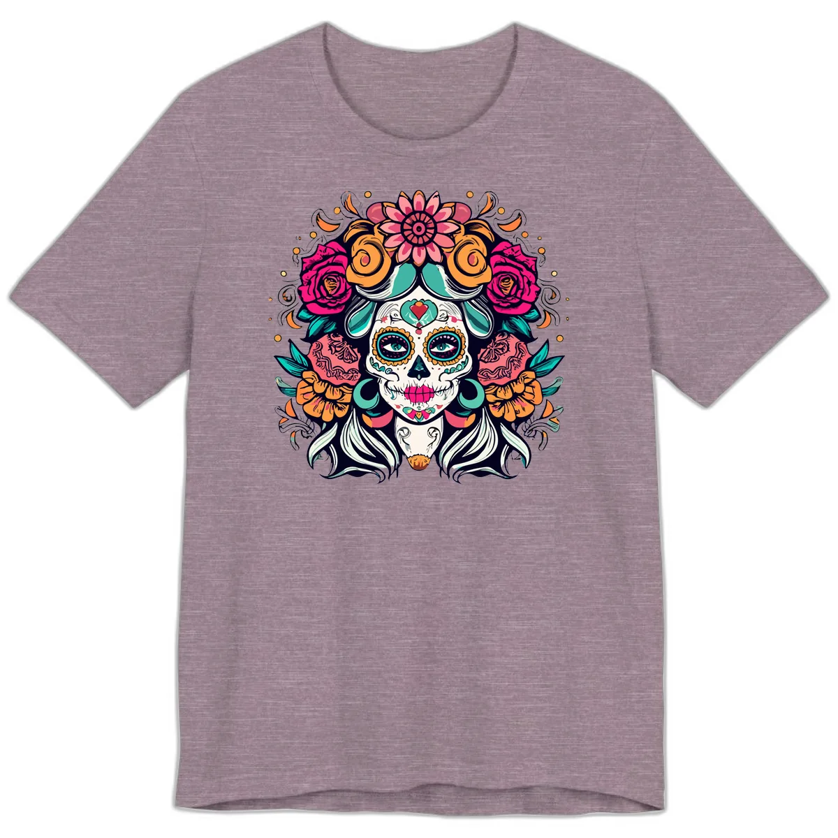 Floral Crown Sugar Skull Calavera Portrait Premium T-Shirt in Heather Purple