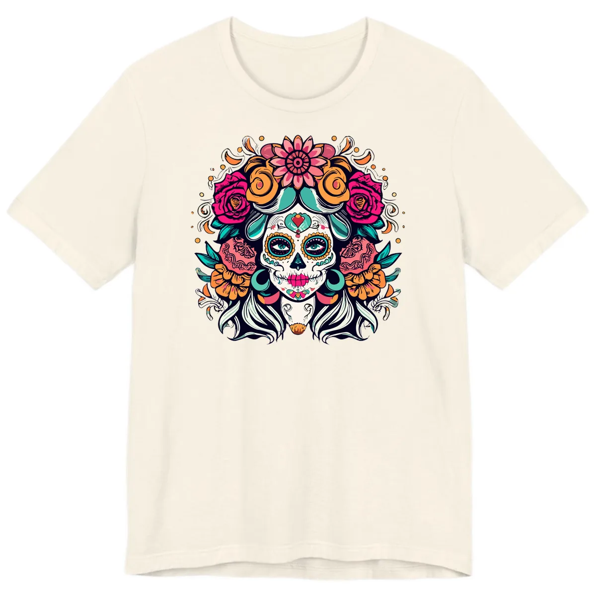 Floral Crown Sugar Skull Calavera Portrait Premium T-Shirt in Natural