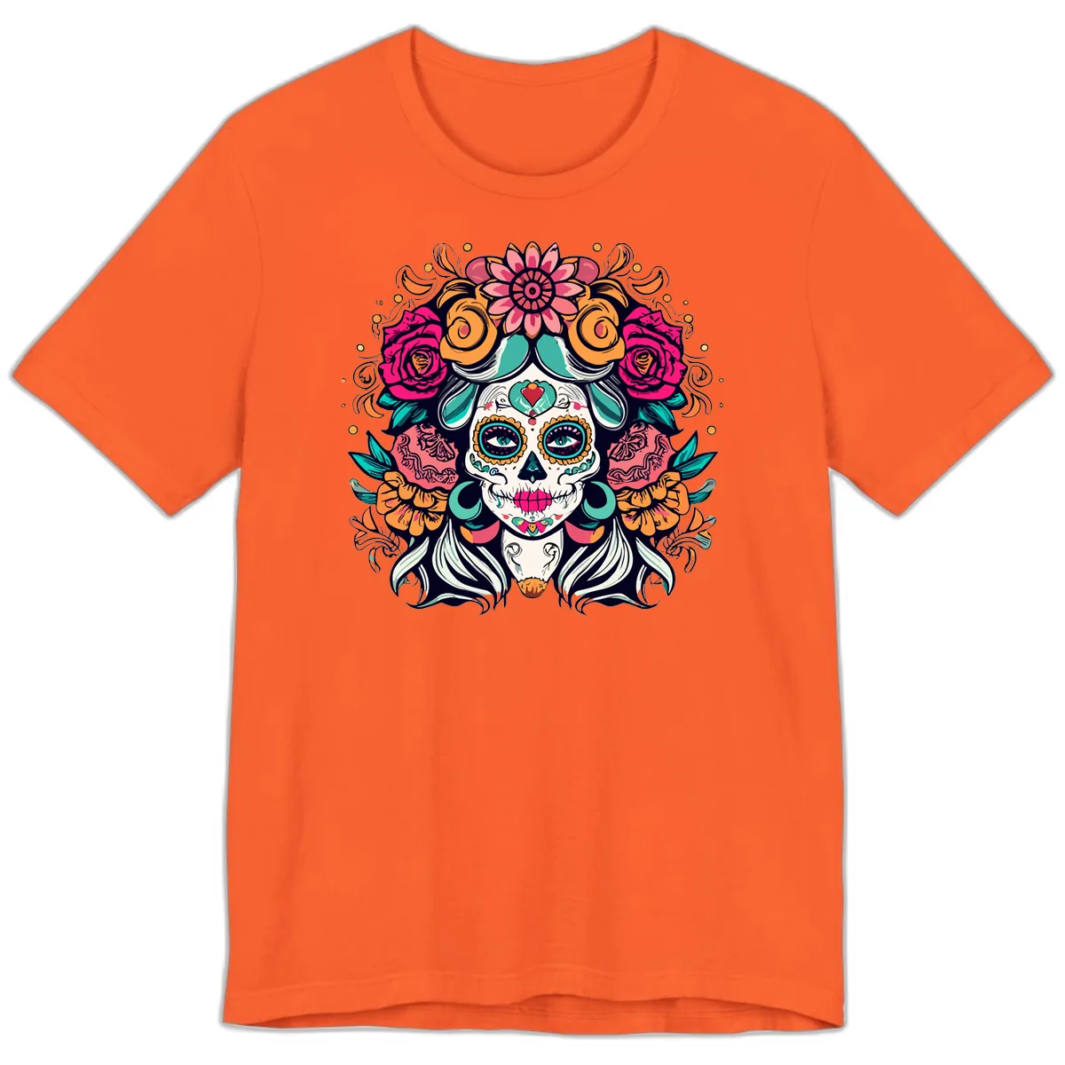 Floral Crown Sugar Skull Calavera Portrait Premium T-Shirt in Orange