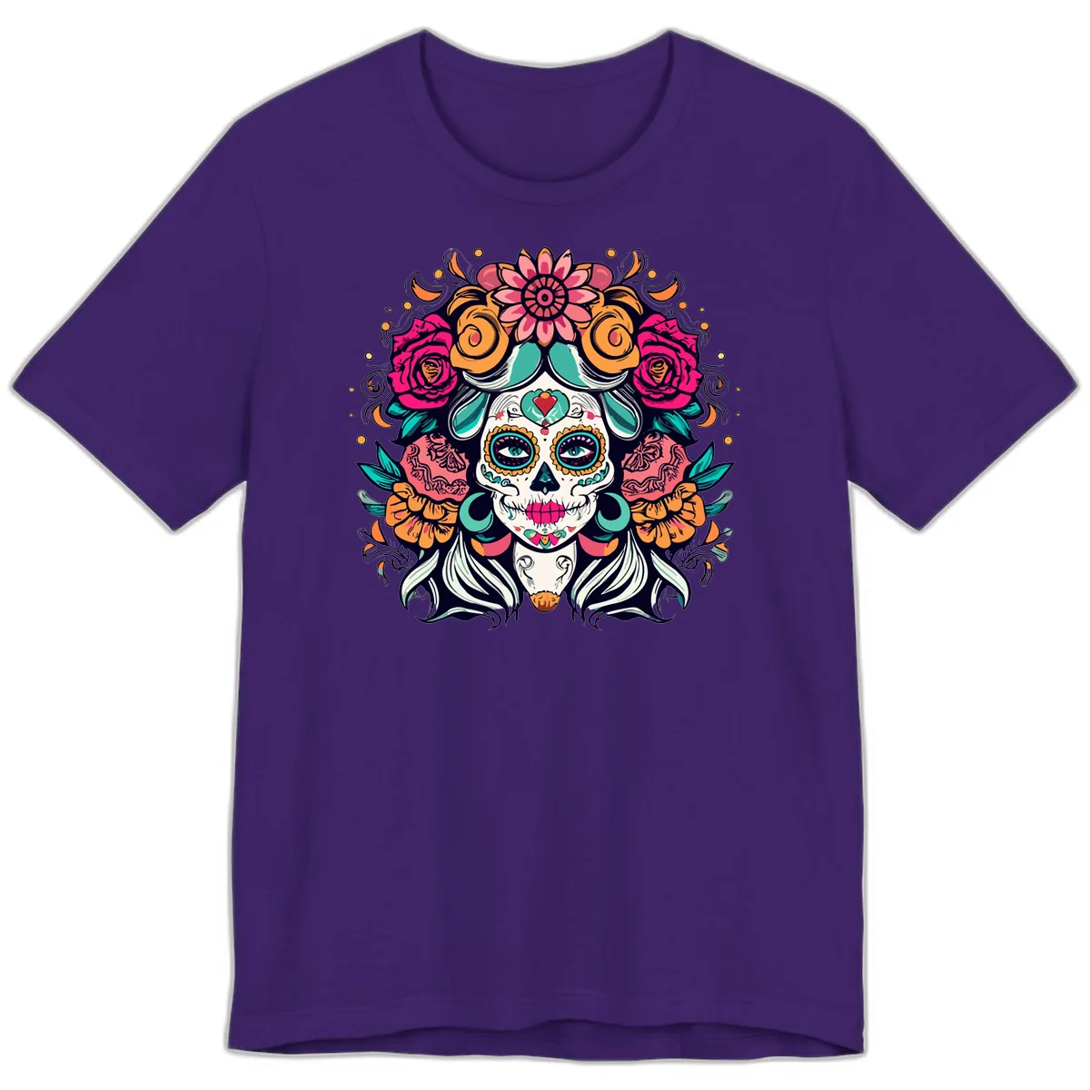 Floral Crown Sugar Skull Calavera Portrait Premium T-Shirt in Team Purple