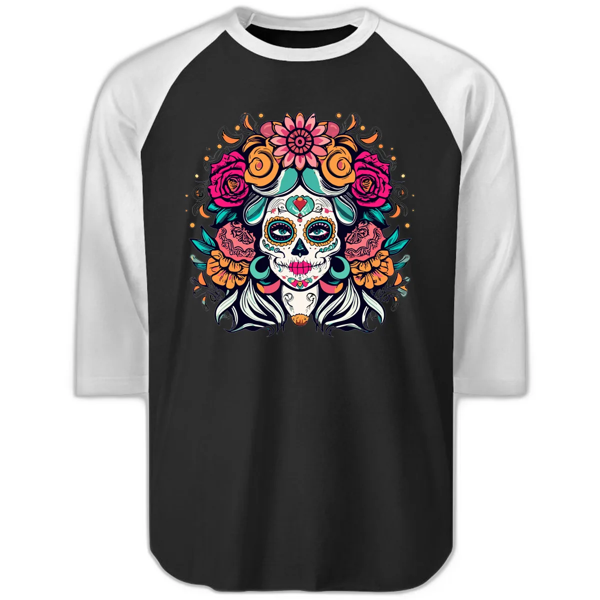 Floral Crown Sugar Skull Calavera Portrait Raglan 3/4 in Black White
