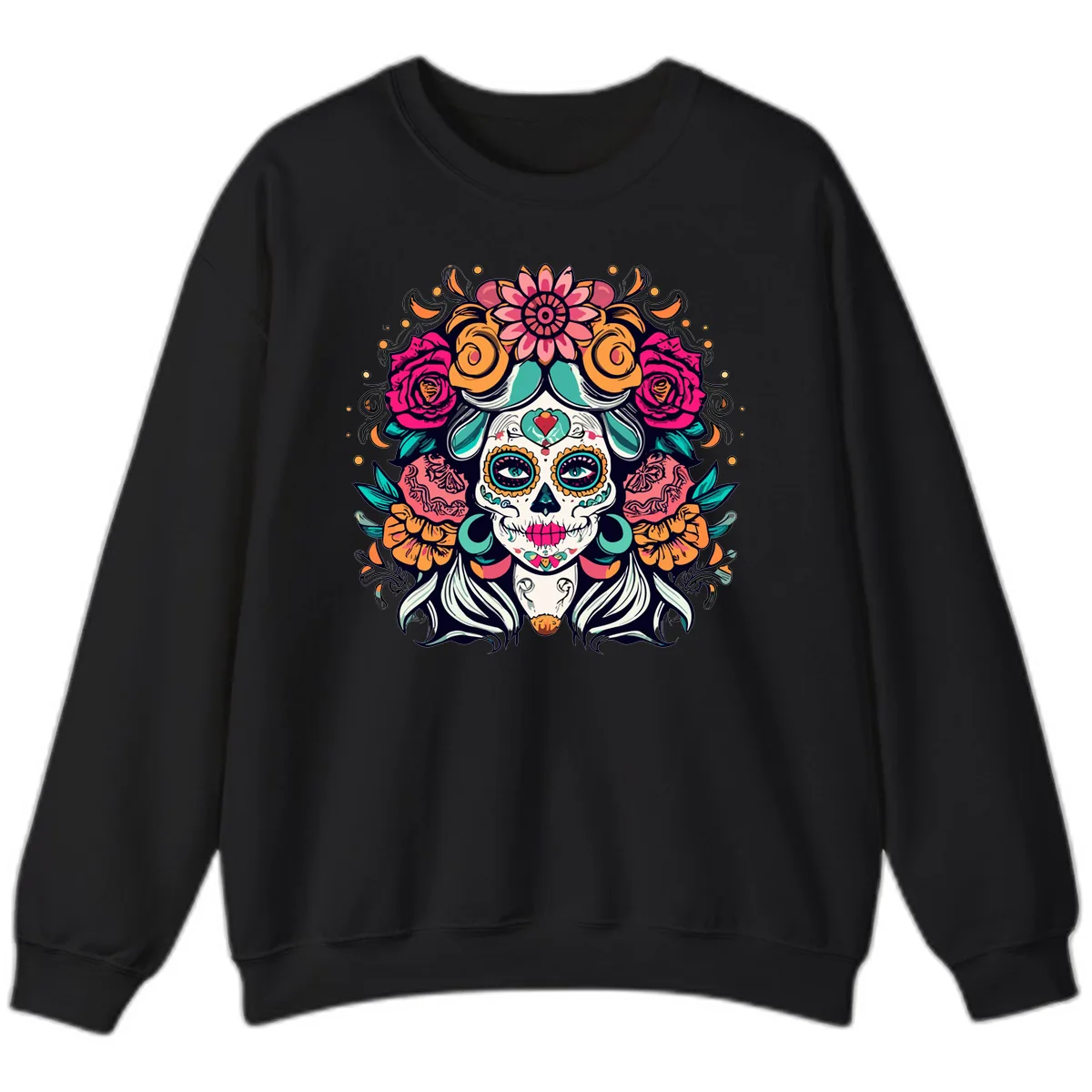 Floral Crown Sugar Skull Calavera Portrait Sweatshirt in Black