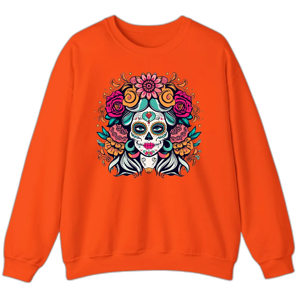 Floral Crown Sugar Skull Calavera Portrait Sweatshirt in Orange