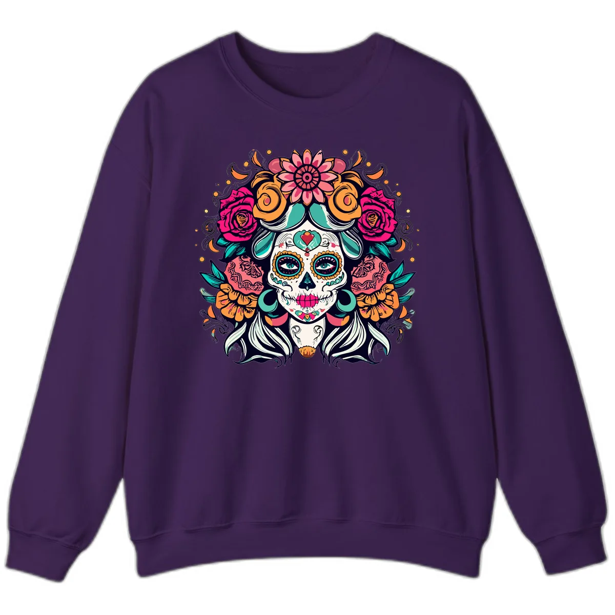 Floral Crown Sugar Skull Calavera Portrait Sweatshirt in Purple