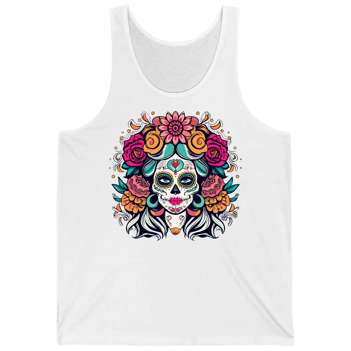 Floral Crown Sugar Skull Calavera Portrait Tank in White