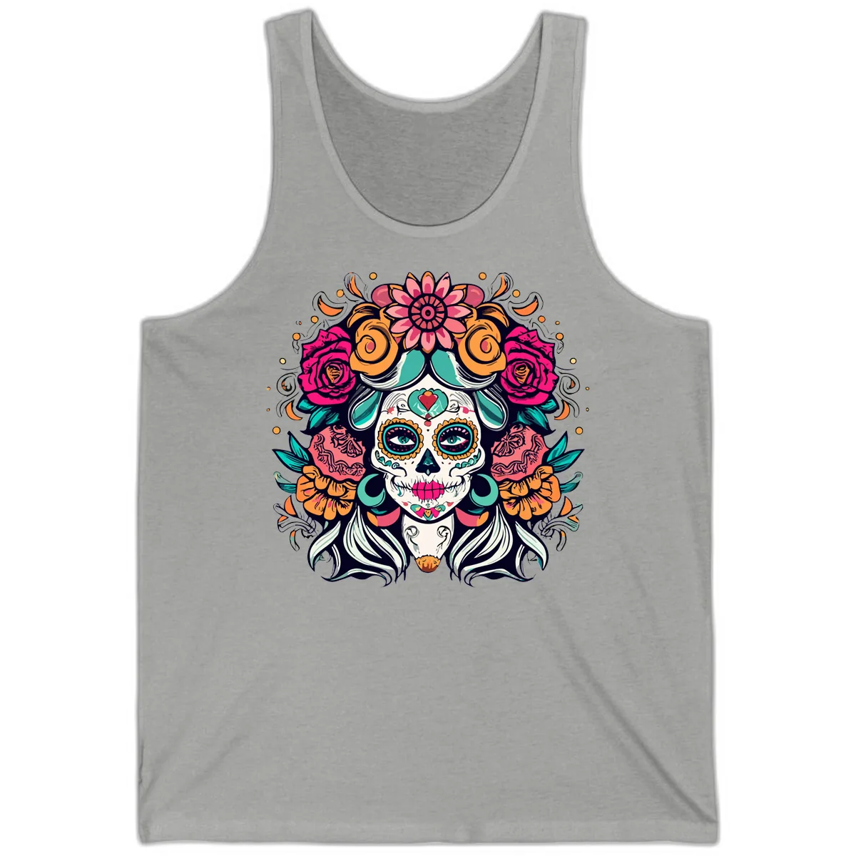 Floral Crown Sugar Skull Calavera Portrait Tank in Athletic Heather