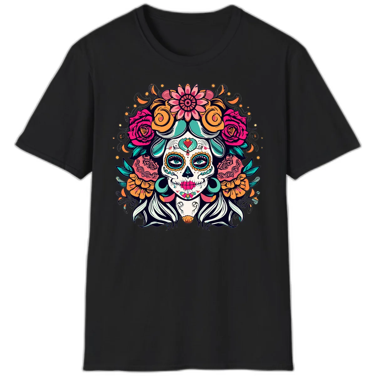 Floral Crown Sugar Skull Calavera Portrait T-Shirt in Black