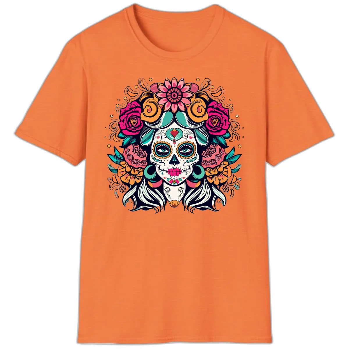 Floral Crown Sugar Skull Calavera Portrait T-Shirt in Heather Orange
