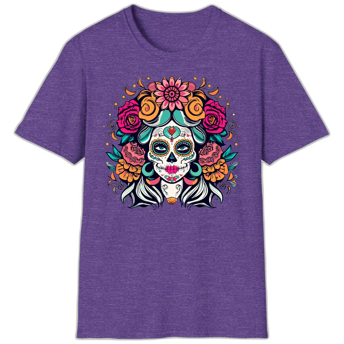 Floral Crown Sugar Skull Calavera Portrait T-Shirt in Heather Purple
