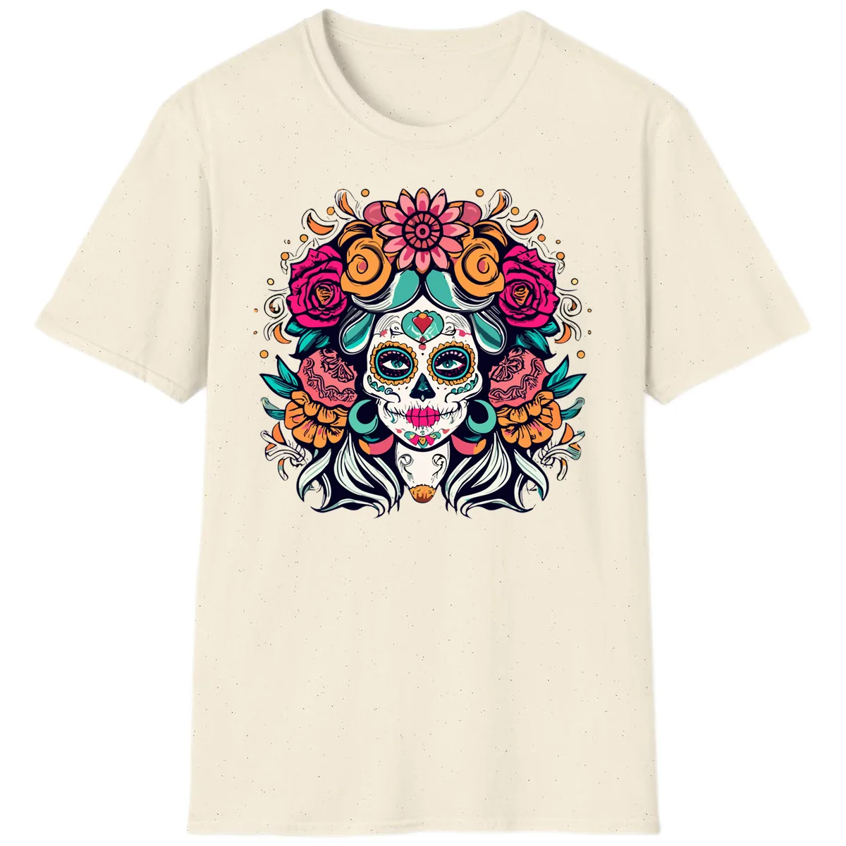 Floral Crown Sugar Skull Calavera Portrait T-Shirt in Natural