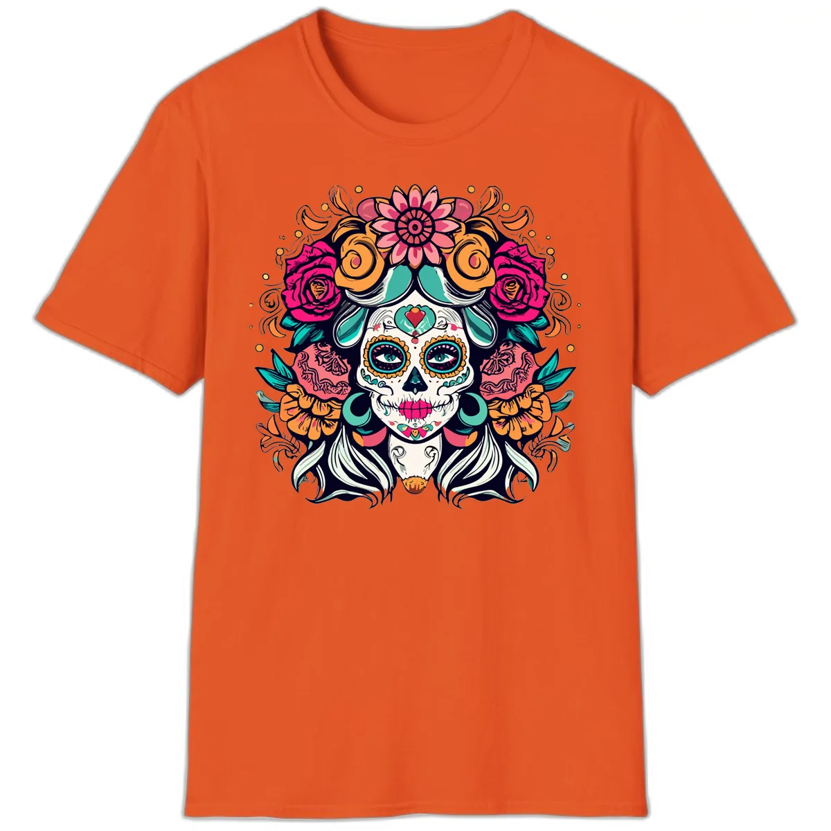 Floral Crown Sugar Skull Calavera Portrait T-Shirt in Orange