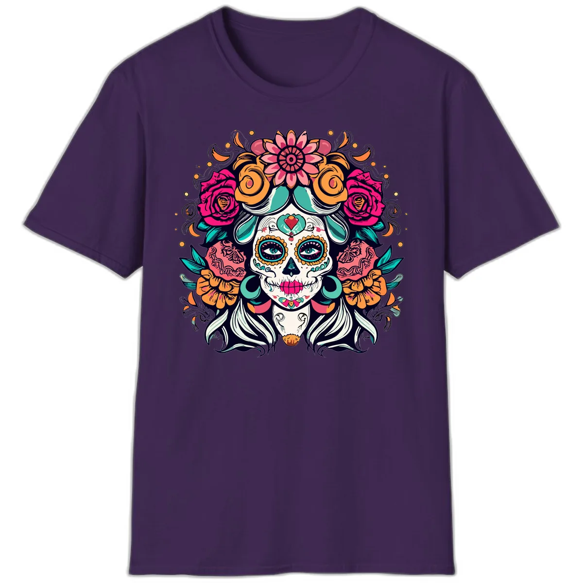 Floral Crown Sugar Skull Calavera Portrait T-Shirt in Purple