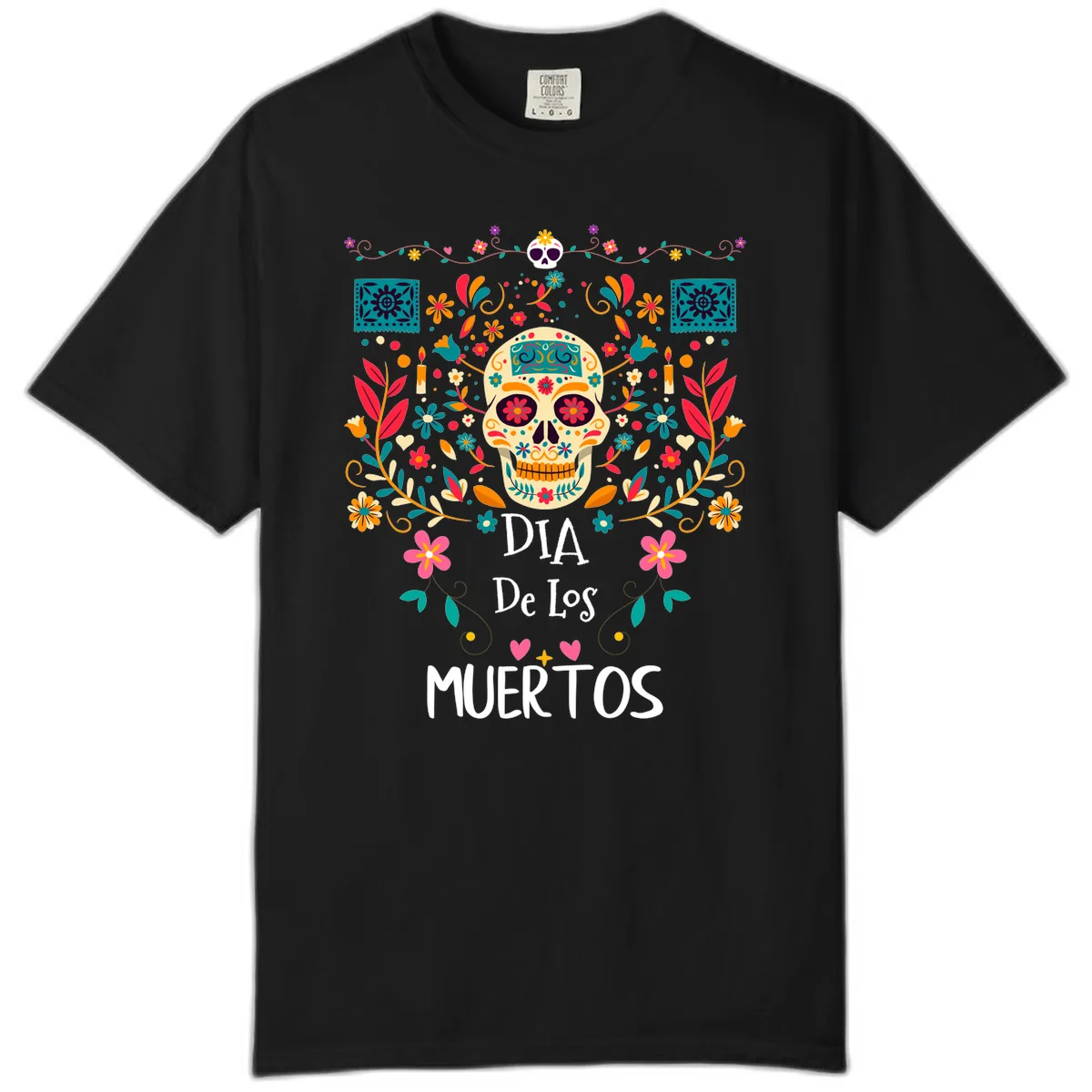 Vibrant Día de los Muertos Calavera Floral Design Comfort Color in Black