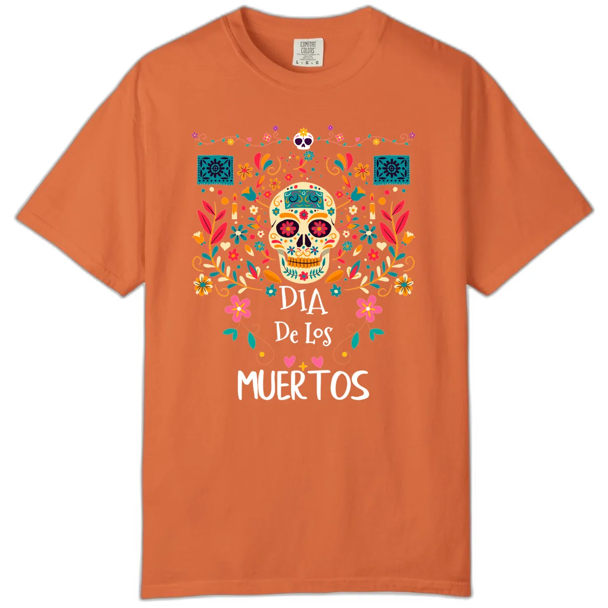 Vibrant Día de los Muertos Calavera Floral Design Comfort Color in Burnt Orange