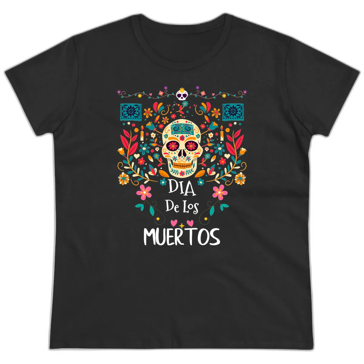Vibrant Día de los Muertos Calavera Floral Design Ladies Tee in Black