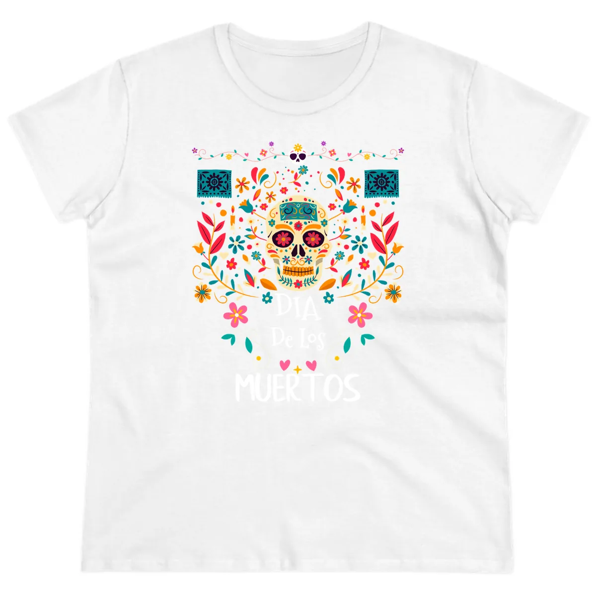 Vibrant Día de los Muertos Calavera Floral Design Ladies Tee in White