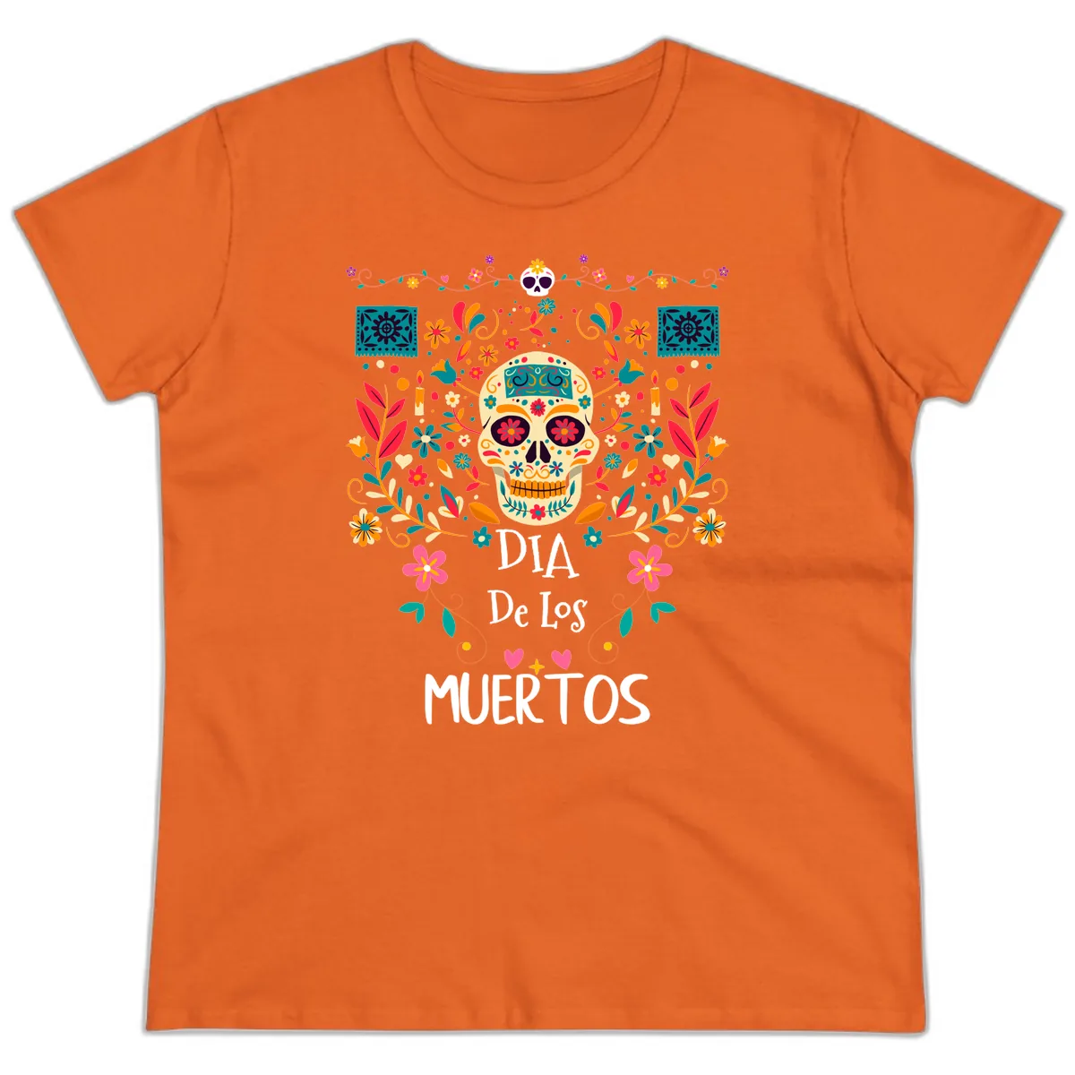 Vibrant Día de los Muertos Calavera Floral Design Ladies Tee in Orange