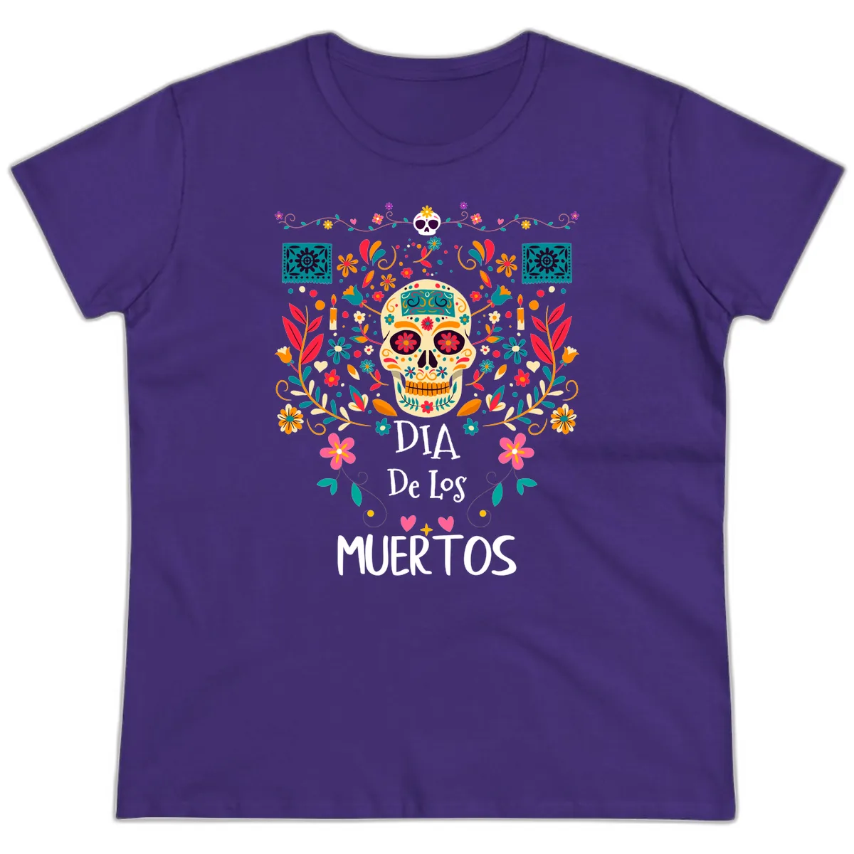 Vibrant Día de los Muertos Calavera Floral Design Ladies Tee in Purple